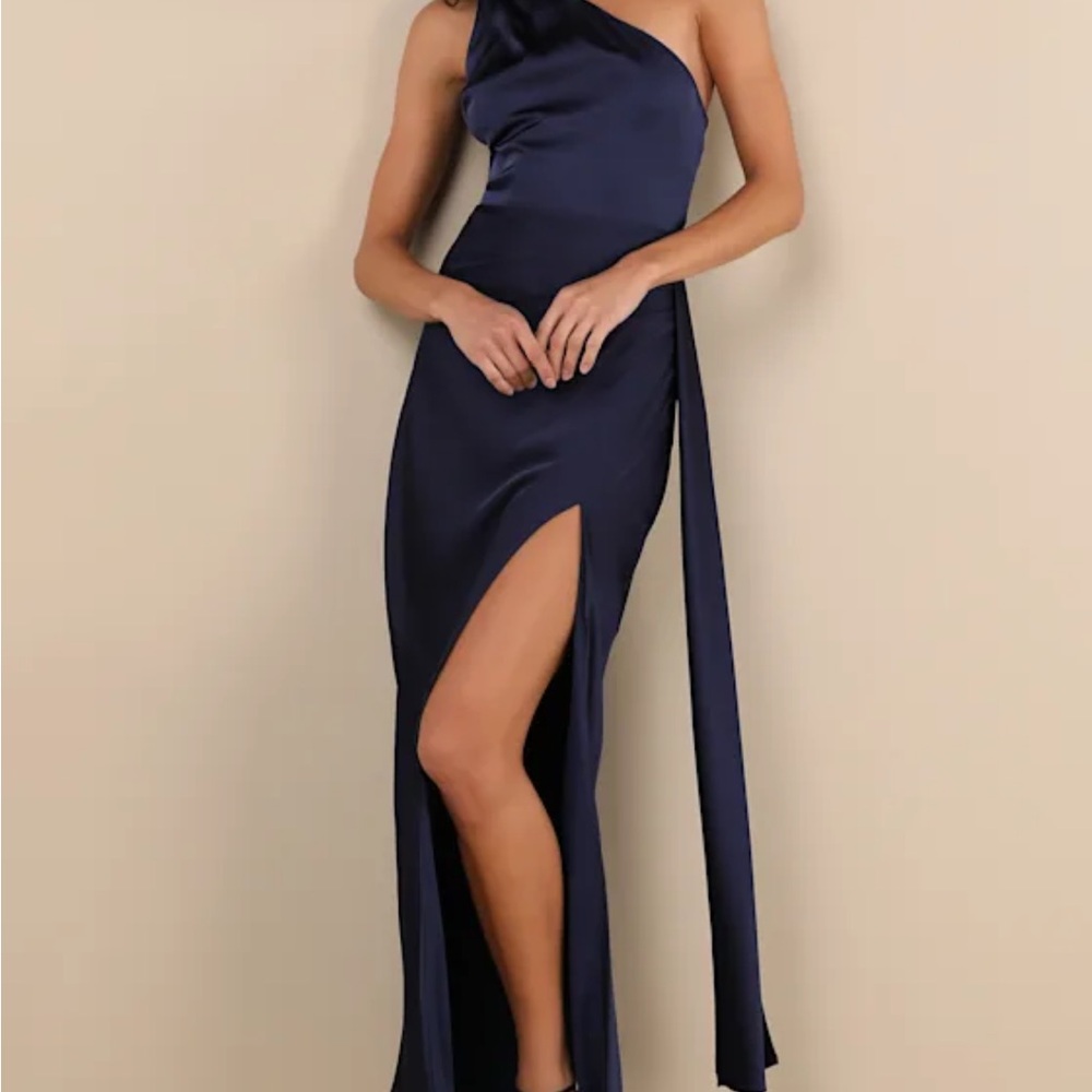 Lulus Elegant Navy Blue One-Shoulder Dress